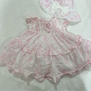 Janie and Jack Pink bunny toile Baby Dress with Hat